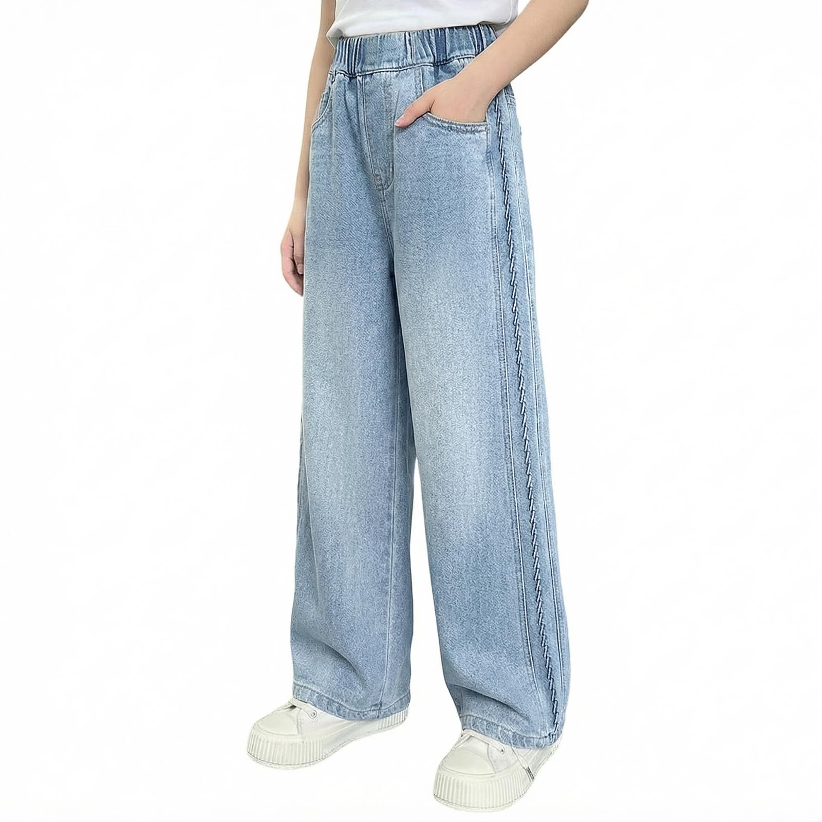 Jeans Filles Baggy Pantalon Jambes Larges avec Taille Élastique Loose Fit Long Denim Jean avec Poches Stretch Décontracté Bleu Denim Pants Casual Mode Streetwear Pant pour Enfants 7-15 Ans