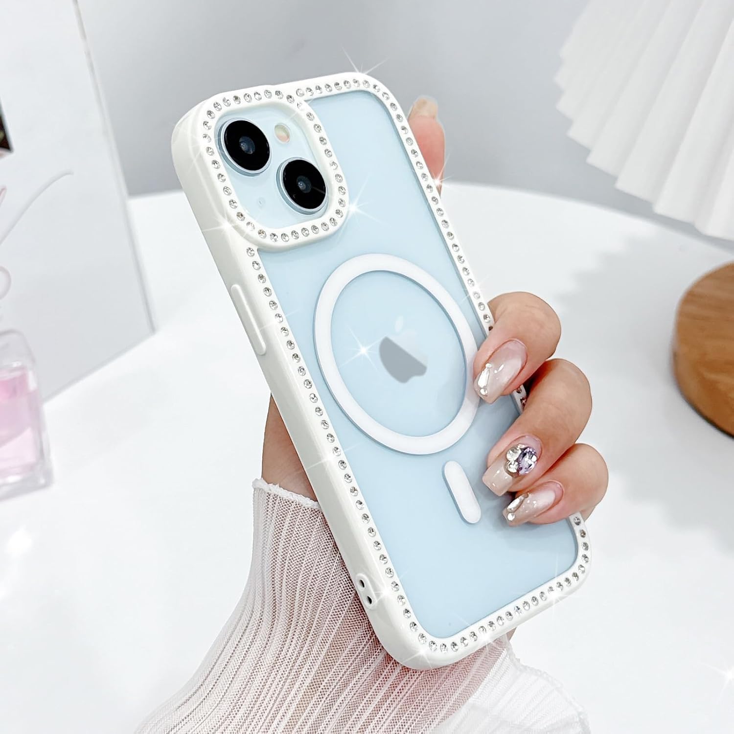 LCHULLE for iPhone 15 Case, Magnetic Clear Glitter Diamond Rhinestones for Women Girls Compatible with MagSafe Shiny Sparkle Soft TPU Bumper Slim Shockproof Phone Case for iPhone 15, White - Image 2