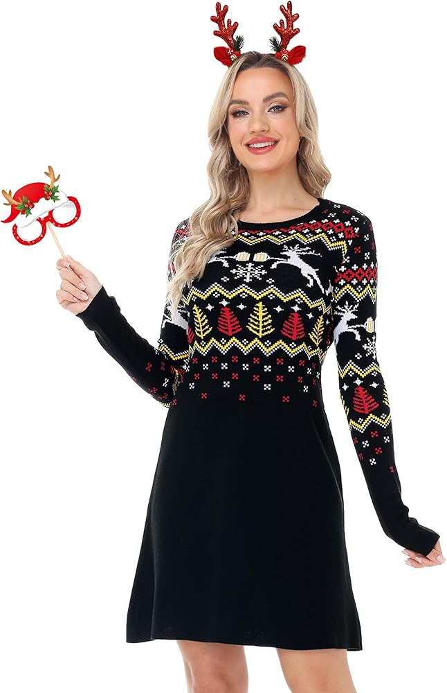 Amazon.com: Magrank Women Reindeer Sweater Dress Christmas Knit Long Sleeve  Fairisle Dresses Xmas Party Black Pullover Tunic Outfits S : Clothing,  Shoes & Jewelry