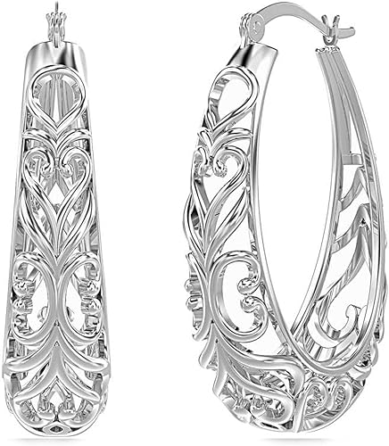 LeCalla 925 Sterling Silver Hoop Earrings Women's Filigree Hoop Earrings Openwork Mesh Filigree Cut Earring Lightweight & Hypoallergenic Vintage