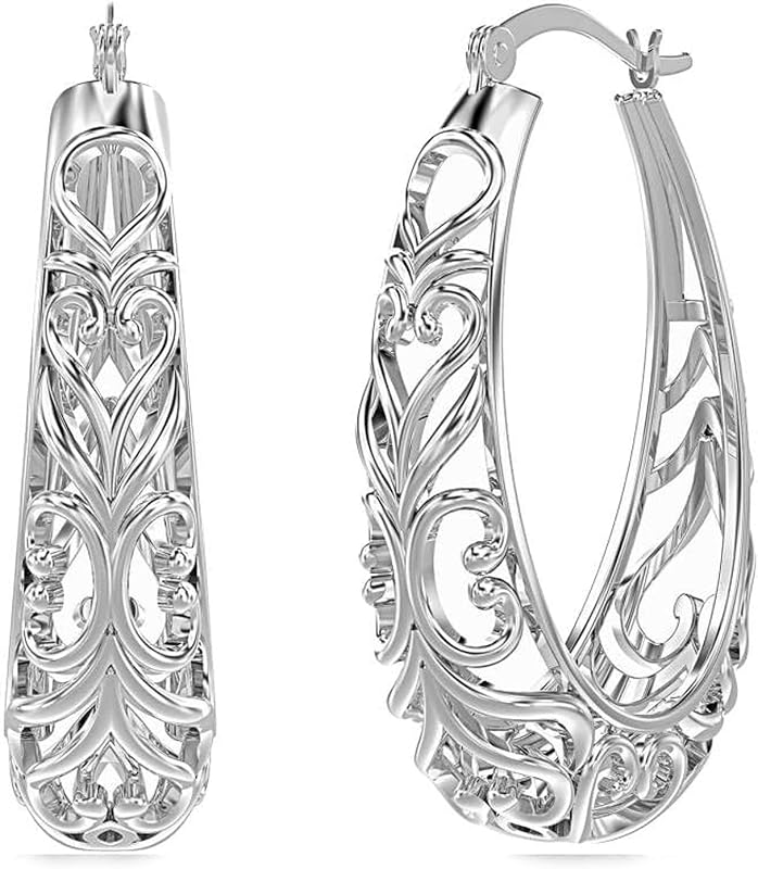 Pendientes de aro de plata de ley 925 | Pendientes de aro de filigrana para mujer | Pendiente Corte Filigrana Malla Calada | Pendientes de aro vintage ligeros e hipoalergénicos para mujer