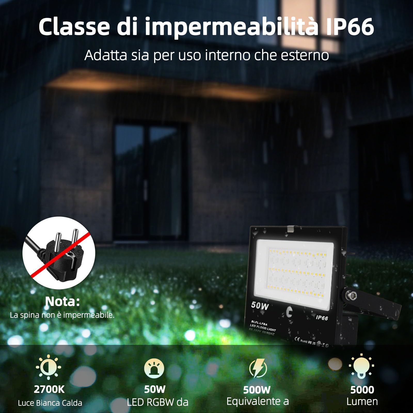 HEKEE Faretto Led, equivalente a 500 W, cambio colore Rgbw modalità strobo fai-da-te, 120 colori, esterno 5500 lumen, Rgb bianco caldo 2700K, impermeabile Ip66 (2 pacchi)