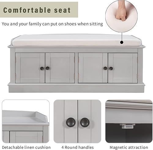 Miniatura 22 de LUMISOL Banco de almacenamiento con 2 cajones y 2 armarios, banco de entrada con cojines extraíbles, banco de zapatos para entrada, sala de estar,