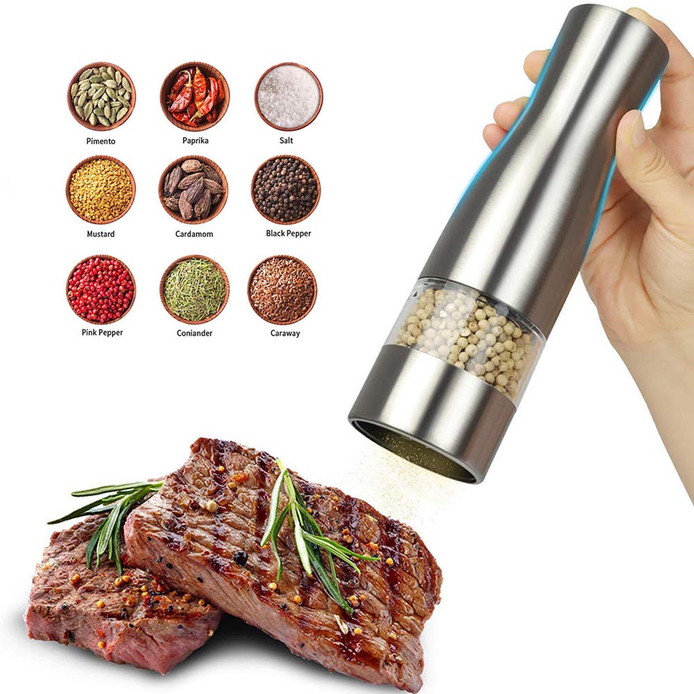 Loadfckcer Electric Pepper Grinder set Stainless Steel with Ceramic Container and Bottom Caps Adjustable Coarseness for Perfect Seasoning(2 pieces)