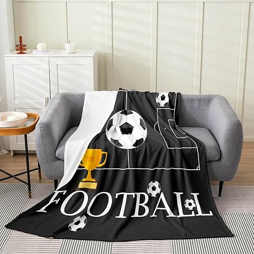 Miniatura 2 de Manta de franela de fútbol, manta de felpa deportiva de juego de pelota para cama, sofá para todas las estaciones, manta de cama negra con trofeos