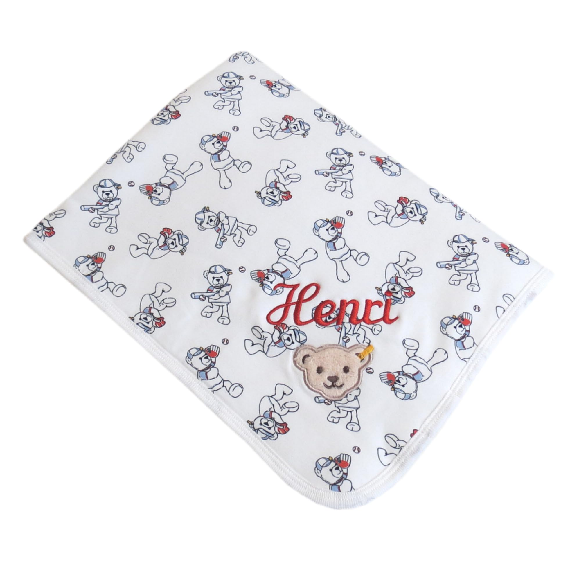 Babydecke mit Ihrem Wunsch-Namen Bestickt Baseball-Teddy cremeweiß 90 cm x 60 cm als Namensdecke personalisierte Steiffdecke Jerseydecke mit Teddy-Applikation