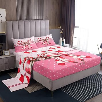 Manfei Christmas Sheet Set King, Pink Red Bow Candy Cane Bedding Set for Kids Girls Room Decor, Western New Year Theme Bed Sheet Set 4pcs with Deep Pocket Fitted Sheet + Flat Sheet + 2 Pillowcases