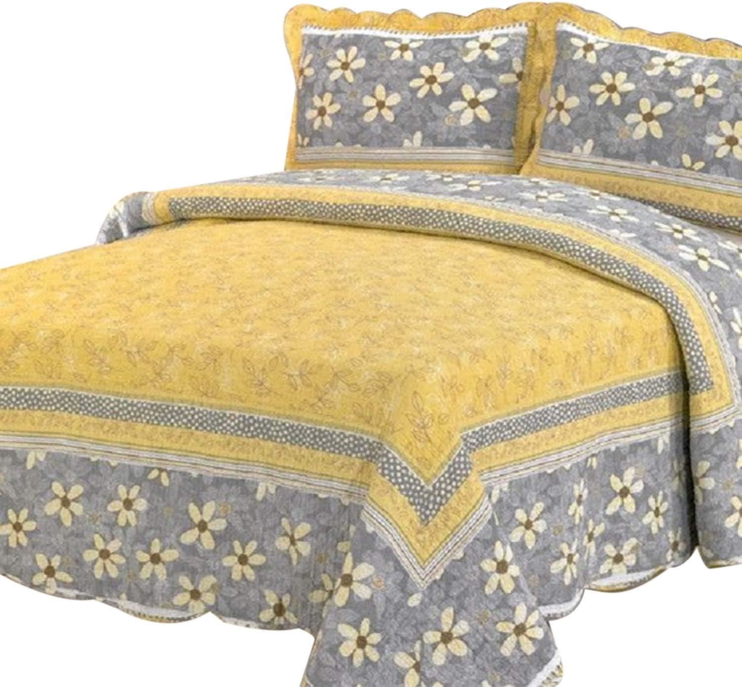 100% Cotton Yellow Color with Flower Grey Quilt Set/Patchwork Quilt/Multifunction Bedspread/Bed Cover/Bedding Set /3pcs/Queen Size(230cm*250cm)