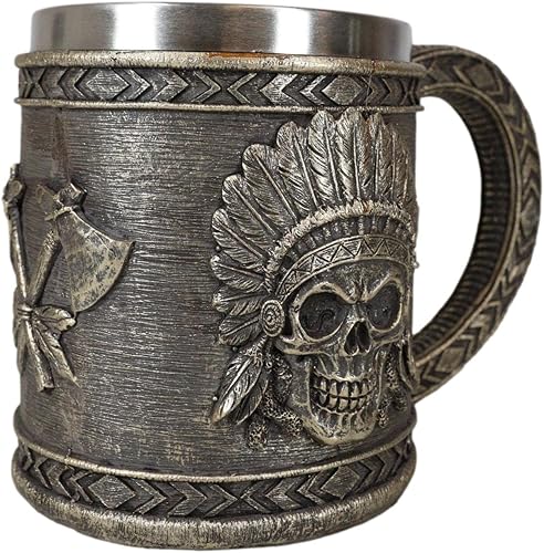 Miniatura 4 de Ebros Gift Nativo americano indio tribal jefe guerrero cráneo con águila cucaracha tocado y doble hacha cruzada taza de café taza de bebida jarra