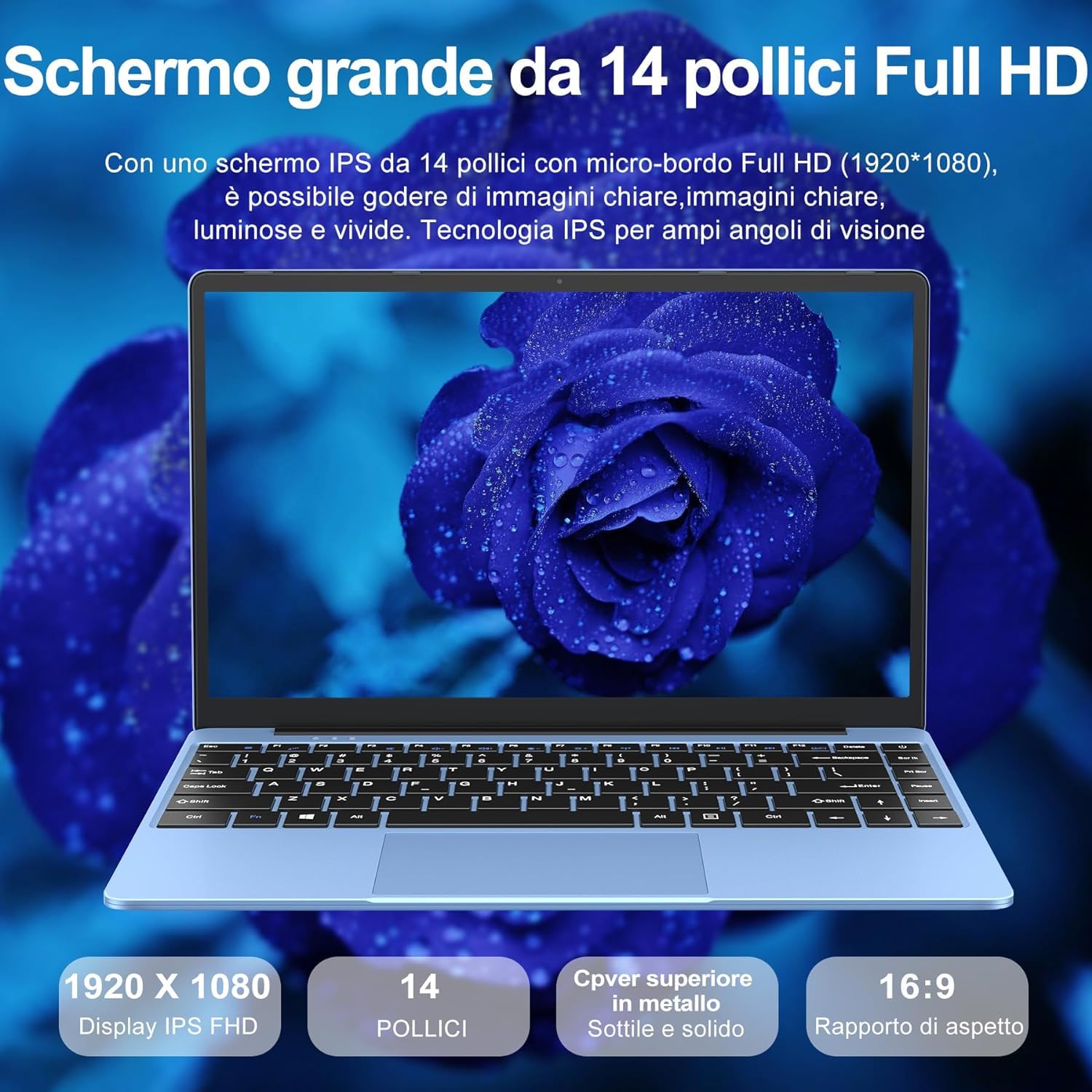 WOZIFAN Win 11 Computer PC Portatile Notebook 14 Pollici 1080P 6+256GB 2.4G+5G Supporta La Scheda SSD La Scheda TF Estesa, Wireless Bluetooth Mouse Wifi, Italiana Tastiera blu