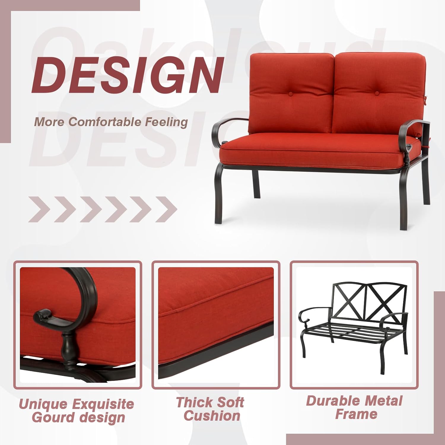 Oakcloud Outdoor 2 Pcs Patio Loveseat Bench Metal Frame Furniture Set with Thick Cushions and Coffee Table, Wrought Iron Look (Red)