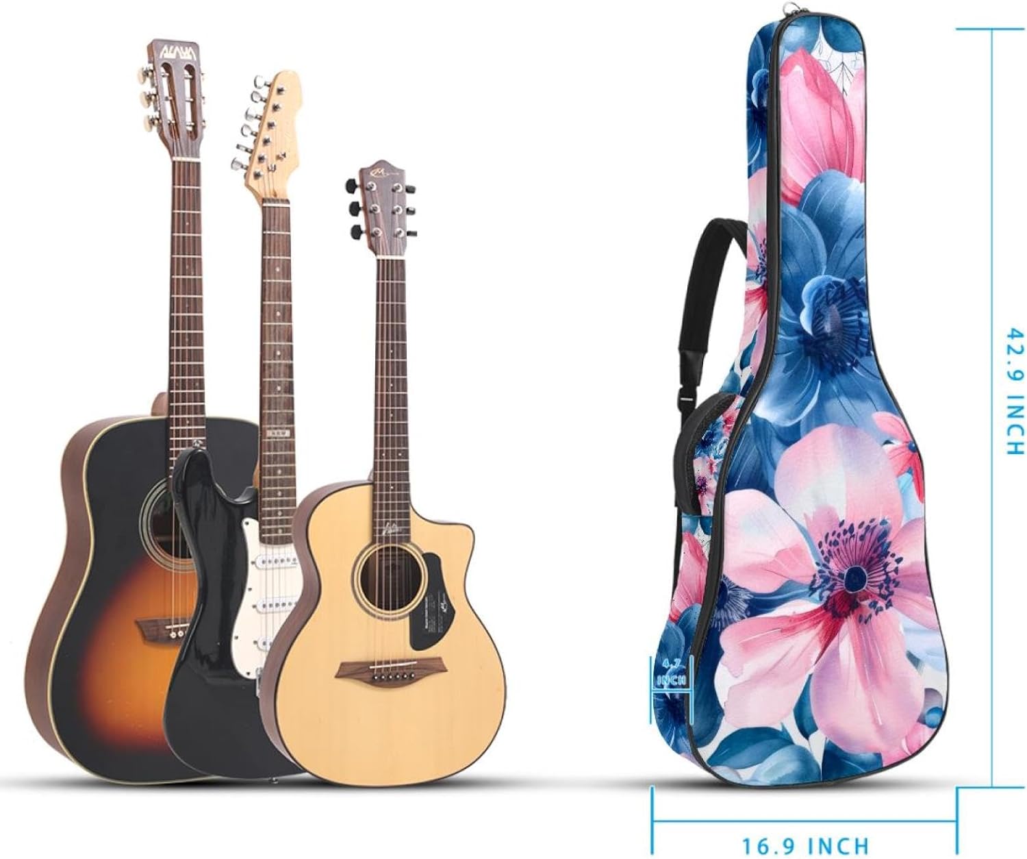 40 41 42 Inch Guitar Bags, Waterproof Padded Acoustic Guitar Case Backpack with Adjustable Shoulder Strap & Pockets, Watercolor Floral Pink and Blue