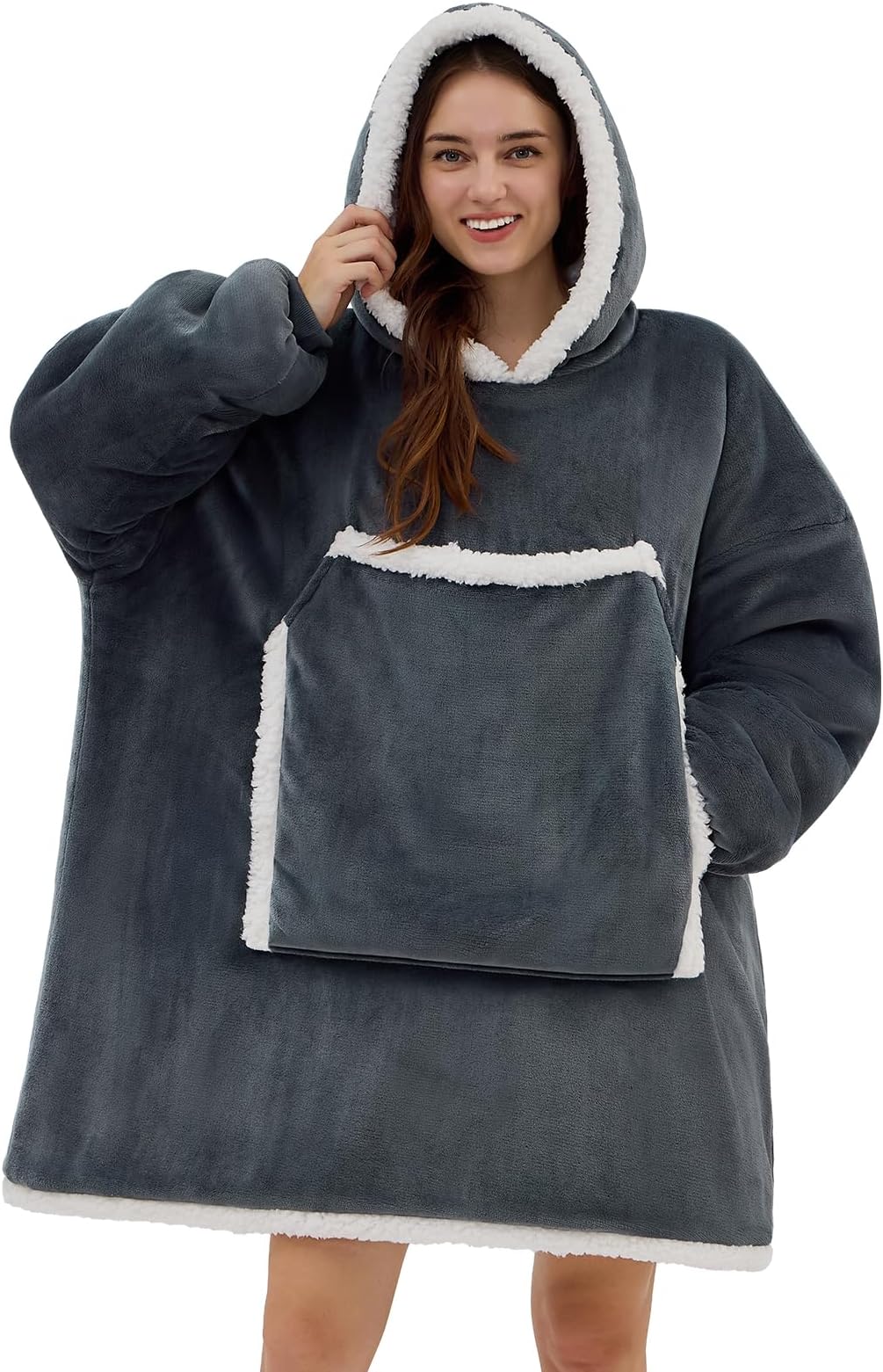 JOYWOO Wearable Blanket, Oversized Sweatshirt Hoodie with Zipper Design for Women and Men, Big Pockets, One Size Fits All, Gray, Adult