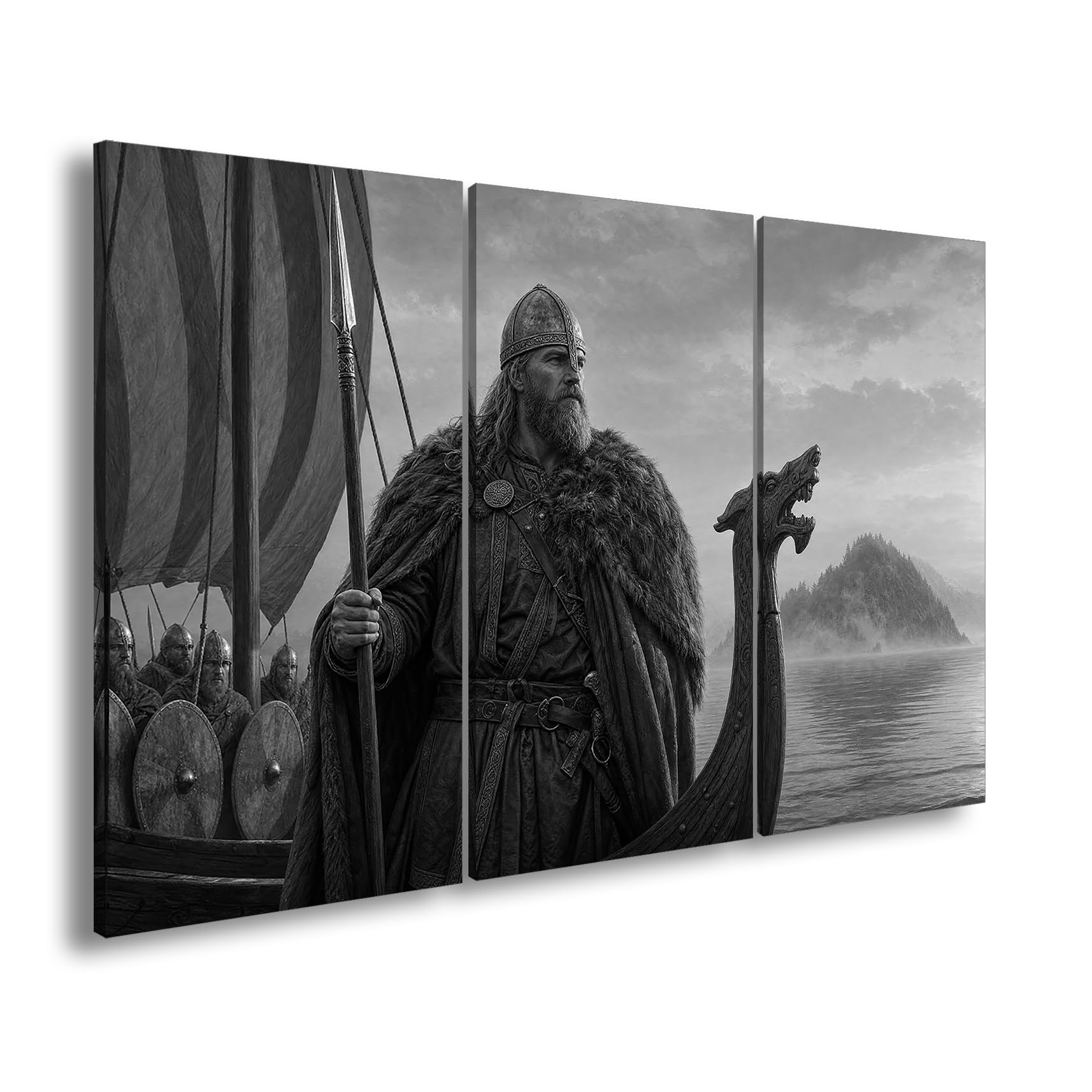 Obraz na płótnie Wikingowie na smoczej łodzi w wodzie 120 x 80 cm czarno-biały