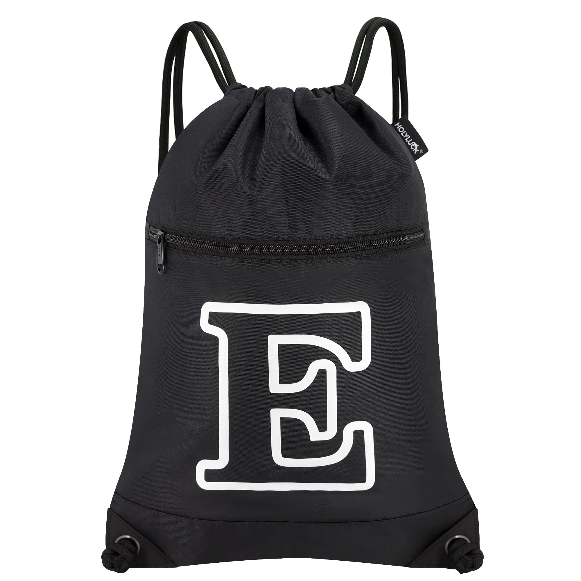 HOLYLUCK Drawstring Bags Initial Backpack Sackpack Cinch Bags for Sports, Gym, Travel, Beach (Black-E)