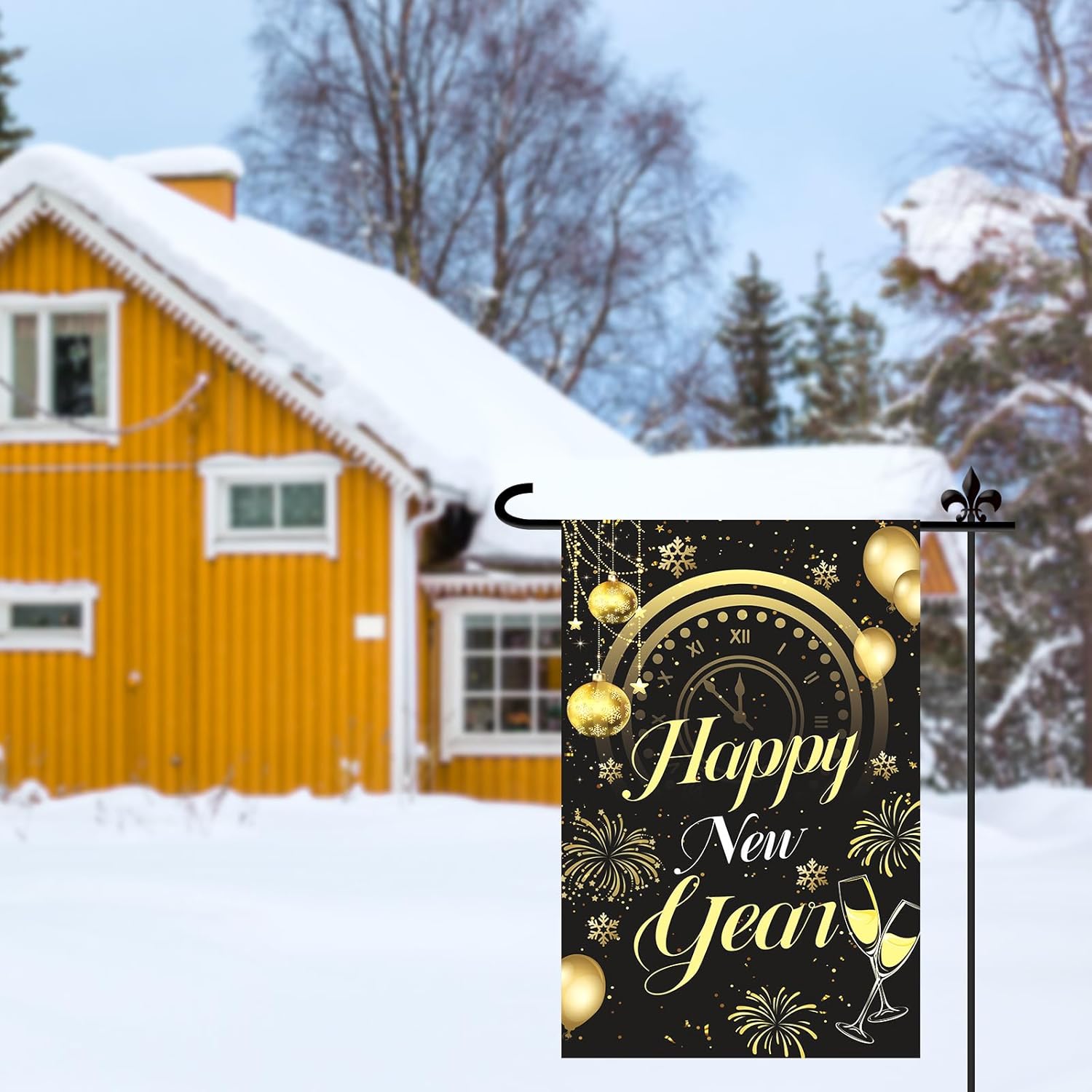 Happy New Year Garden Flag, 18x12in Double Sided Outdoor Flag with Golden Words Black Backdrop Cheers Fireworks Pattern Yard Decorations - Image 4