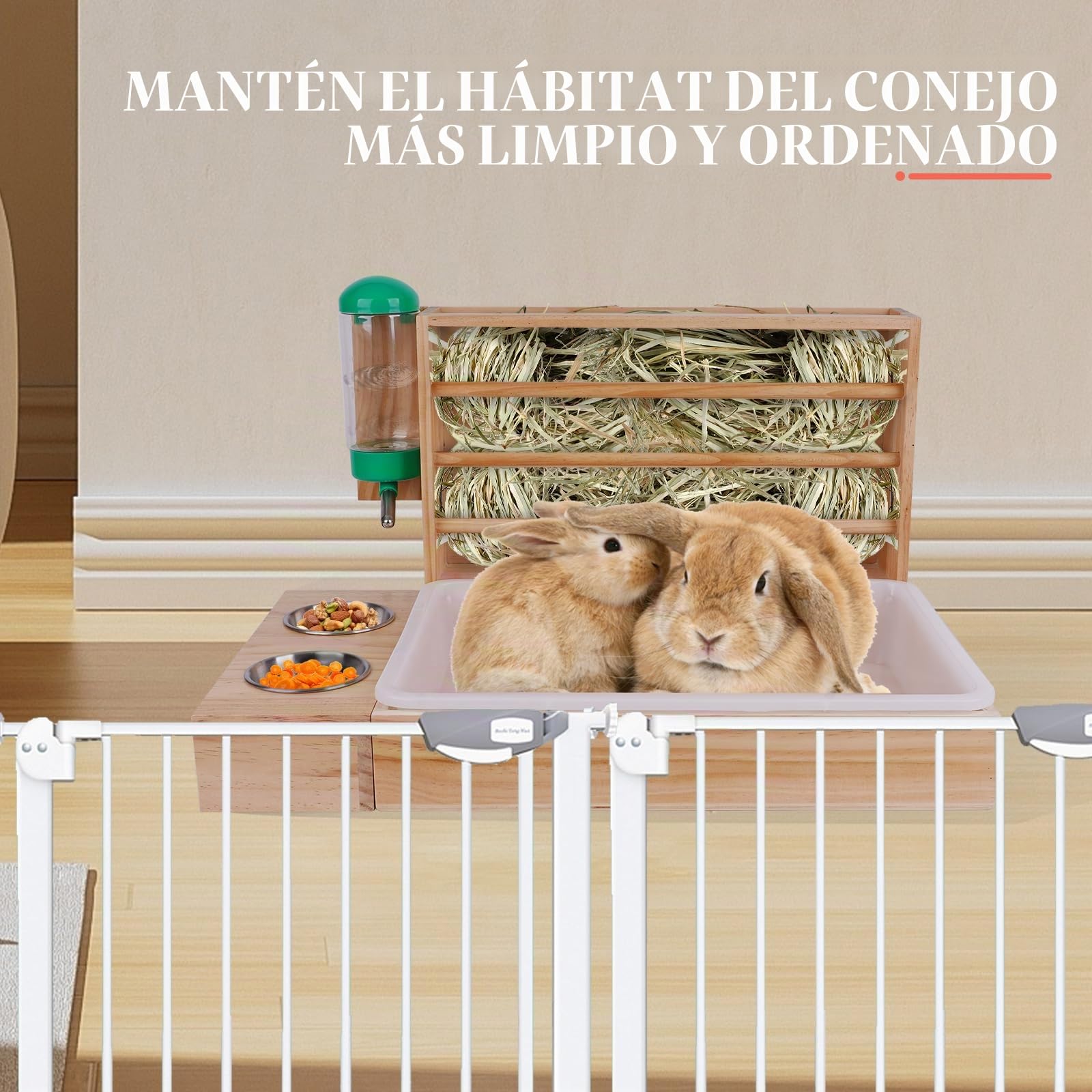 4 en 1 Comedero de Heno de Conejo Alimentador de Heno para Conejos con Bandeja de Arena Botella de Agua Cuencos de Comida de Hámster Comedero de Conejo Soporte de Heno para Mascotas Pequeñas