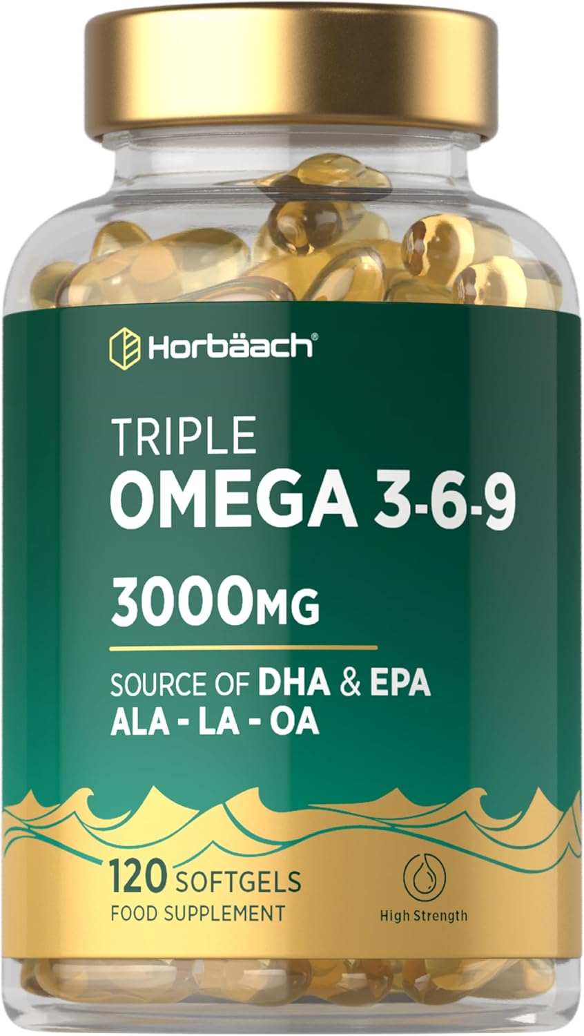 Triple Omega 3 6 9 Capsules 3000mg ALA, LA & OA | 120 Softgels | High Strength EPA & DHA Essential Fatty Acids | Supplement with Fish Oil, Flaxseed & Sunflower Oil | by Horbaach