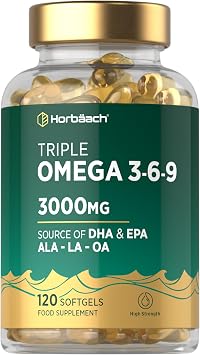Triple Omega 3 6 9 Capsules 3000mg ALA, LA & OA | 120 Softgels | High Strength EPA & DHA Essential Fatty Acids | Supplement with Fish Oil, Flaxseed & Sunflower Oil | by Horbaach