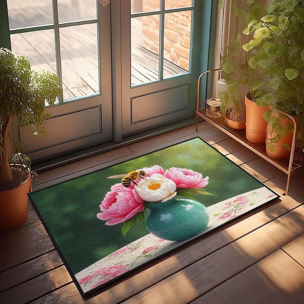 Tapis d'extérieur floral rose pour éviter une entrée triste