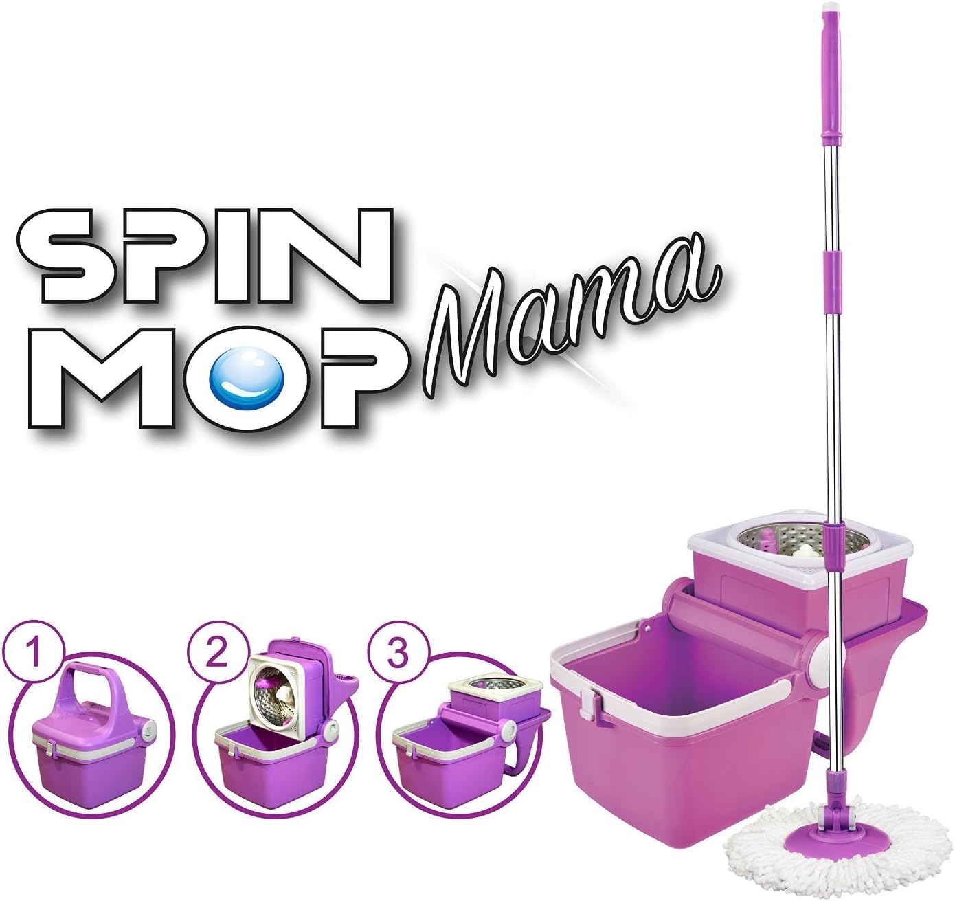 Spin Mop Mama Practical Folding Bucket, Microfibre Mop Head and Stainless Steel Pole, 360 Spinning Mop System (Purple)