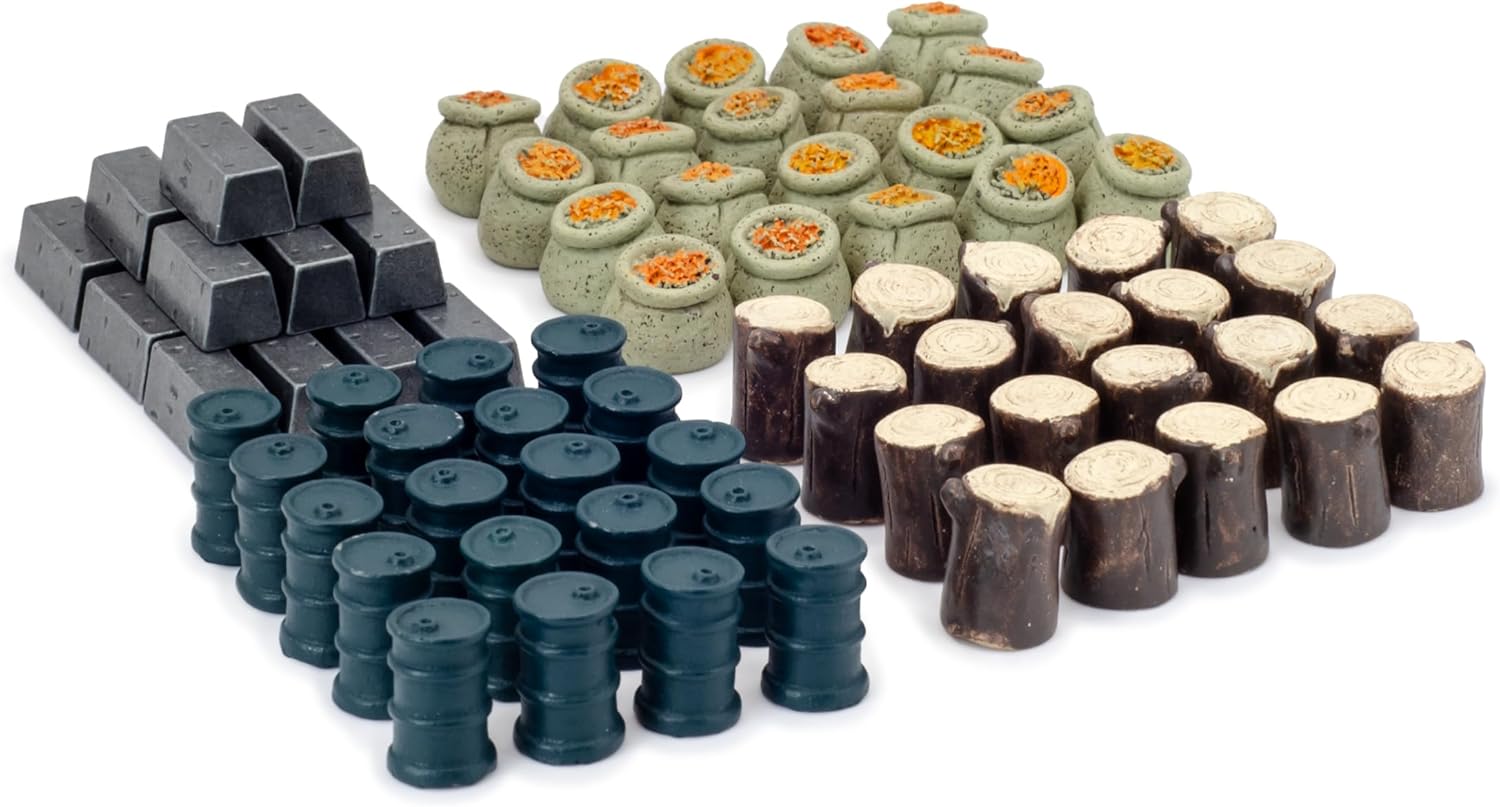 Stonemaier Games: Scythe Realistic Resources (80 Pieces)| Upgraded Tokens to Enhance Your Gameplay | 20 Grain, 20 Iron, 20 Oil, and 20 Wood Made from Resin or Metal