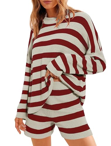 Balimtoy Women Striped Sweater Set Oversized Lounge Set Matching Pajama Sets Knit Long Sleeve 2 Piece Shorts Fall Outfits - Wine Red and Gray - X-Small