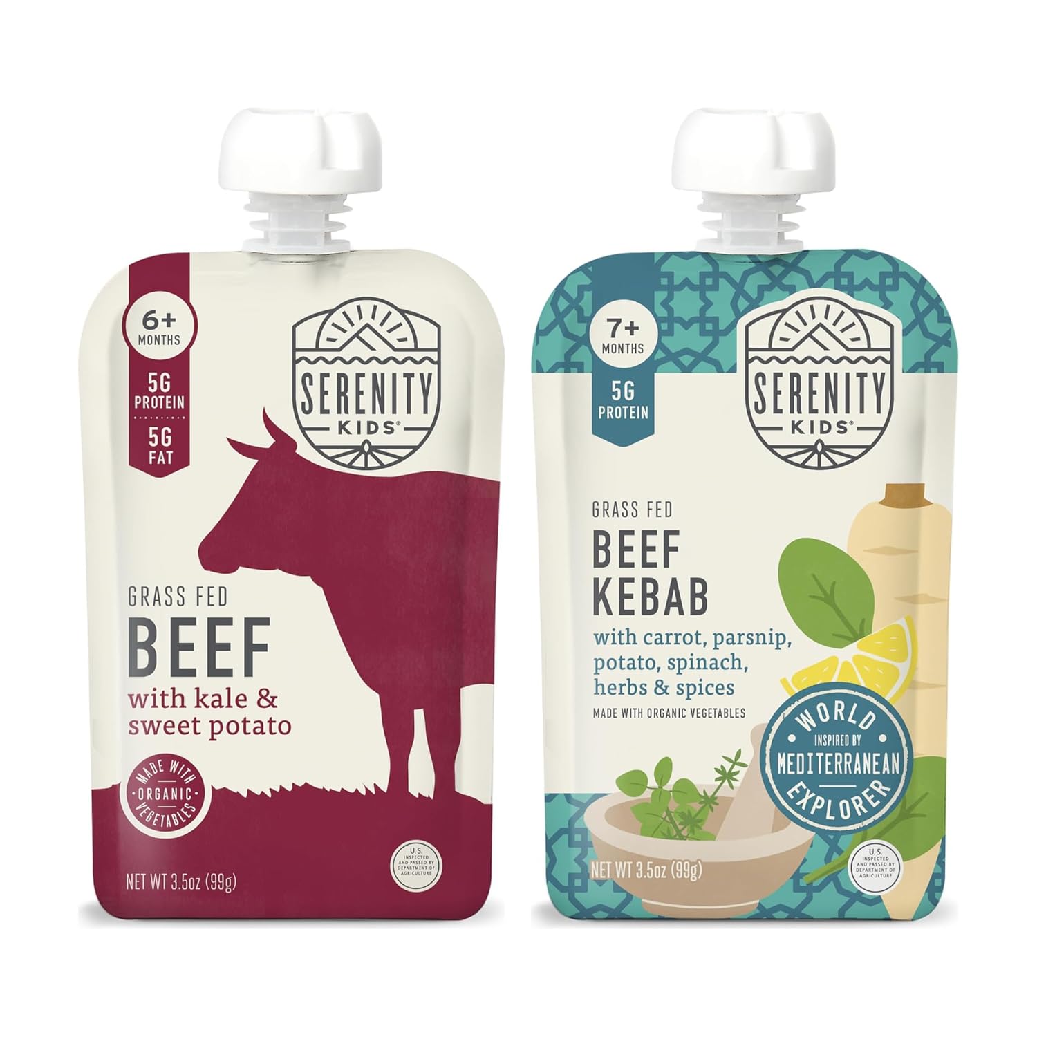 Serenity Kids Grass Fed Beef Baby Food Pouches Variety Bundle - Sweet Potato Puree & Kebab World Explorers Flavor - 5g Protein Toddler Snacks - 3.5 Oz Pouch, Pack of 24, 6+ Months