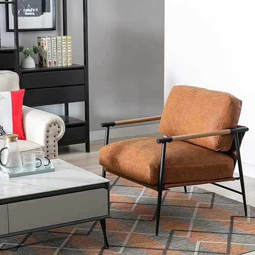 Miniatura 9 de Ya-Home Silla decorativa Mid-Century de piel sintética con patas de metal negro, silla de ocio tapizada para sala de estar, dormitorio, sala de