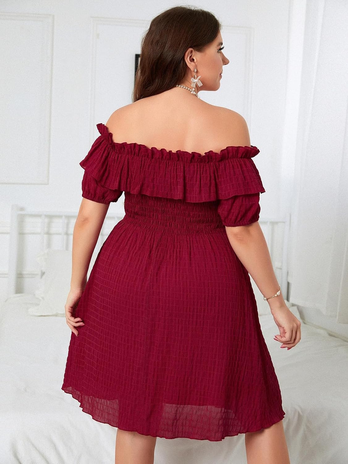 Boho Dress for Women Off Shoulder Plus Size, Ruffle Smocked High Waist Knee Length Summer Dress