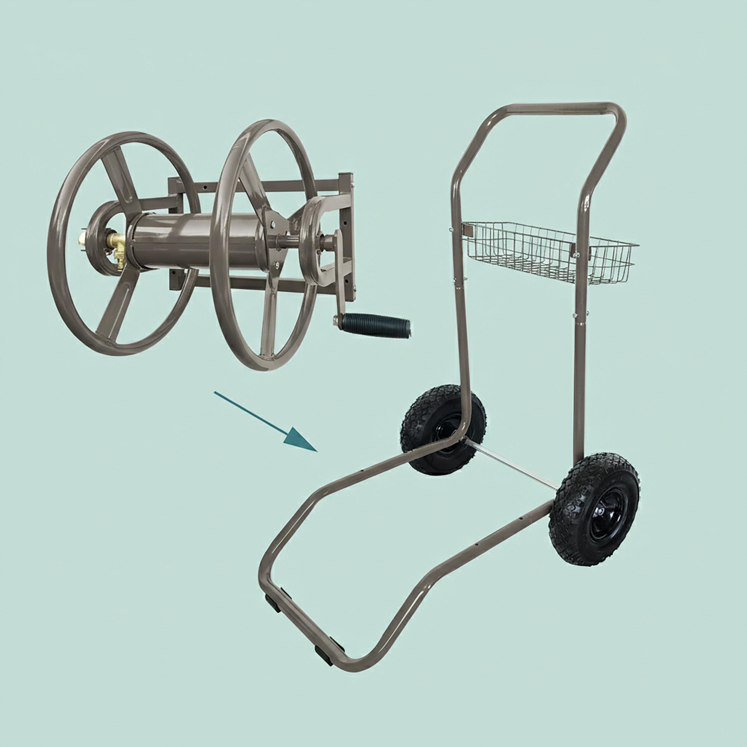Relaxdays Chariot dévidoir en Acier, 60 m, raccord à clic, 2 Roues pneumatiques, Tambour Amovible, Marron 94x66x60 cm