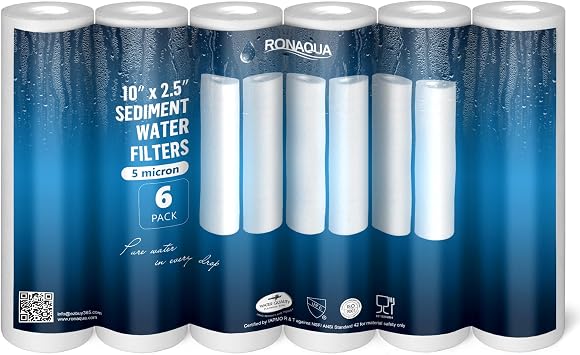 Ronaqua 5 Micron Sediment Water Filter Cartridge 10x2.5, NSF Certified, 4-Layer Filtration for any 10-inch RO Units & Whole House Systems, Compatible with Culligan P5, AP110, WHKF-GD05, 6 Pack