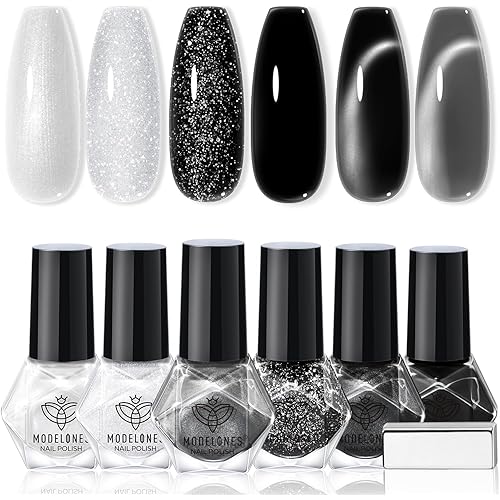 modelones Nail Polish Set, 6 Colors White Black Nail Polish with Magnet Glitter Cat Eye Magnetic Non Toxic Quick Dry Fingernail Polish Salon Home DIY Gifts For Women Girl