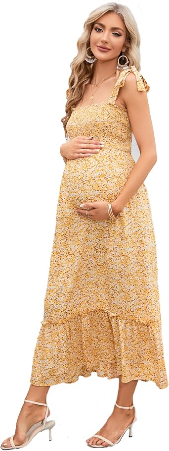 Maternity Smocked Summer Casual Dress Spaghetti Strap Sleeveless Ruffle Boho Swing Maxi Dress Baby Shower Photoshoot
