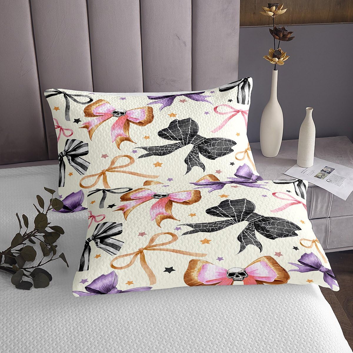 Erosebridal Bowknot Skeleton Halloween Decor Gothic Quilt Set Halloween Bow Spider Web Queen Bedspread Set - Horror Cobwebs Coverlet Sets Spooky Bones Sugar Skull Quilted,Beige