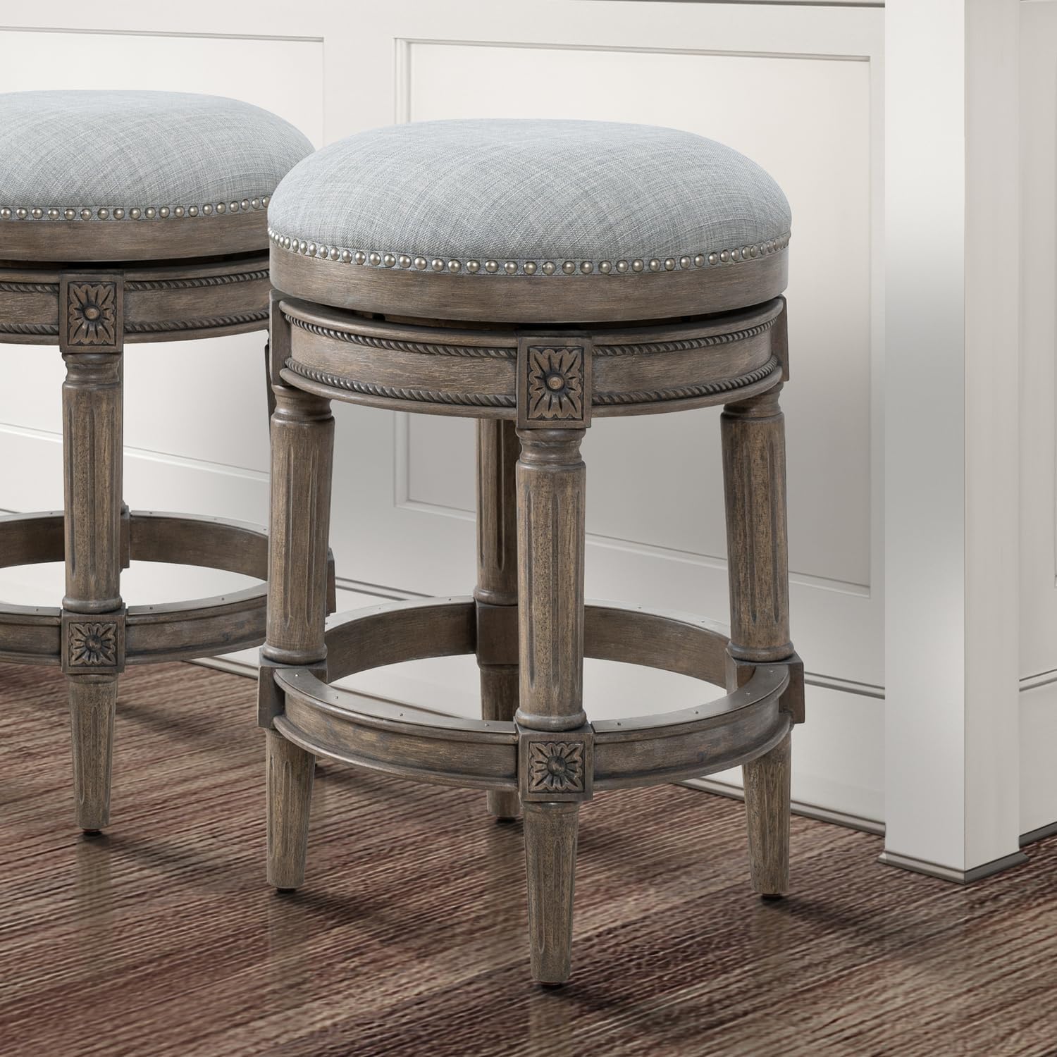 New Ridge Home Goods Chapman Backless 31in. Swivel Bar-Height Stool, Walnut Wood Frame and Vintage Caramel Faux Leather Seat