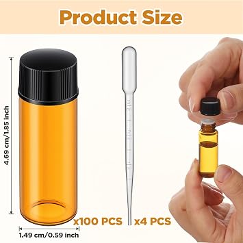 100 Packs 5 ml (1/6 oz) Mini Essential Oil Bottles with Caps, Amber Glass Empty Refillable Travel Glass Liquid Sample Vial Preservation Storage Vials Test Container-Rubber Stopper&Dropper