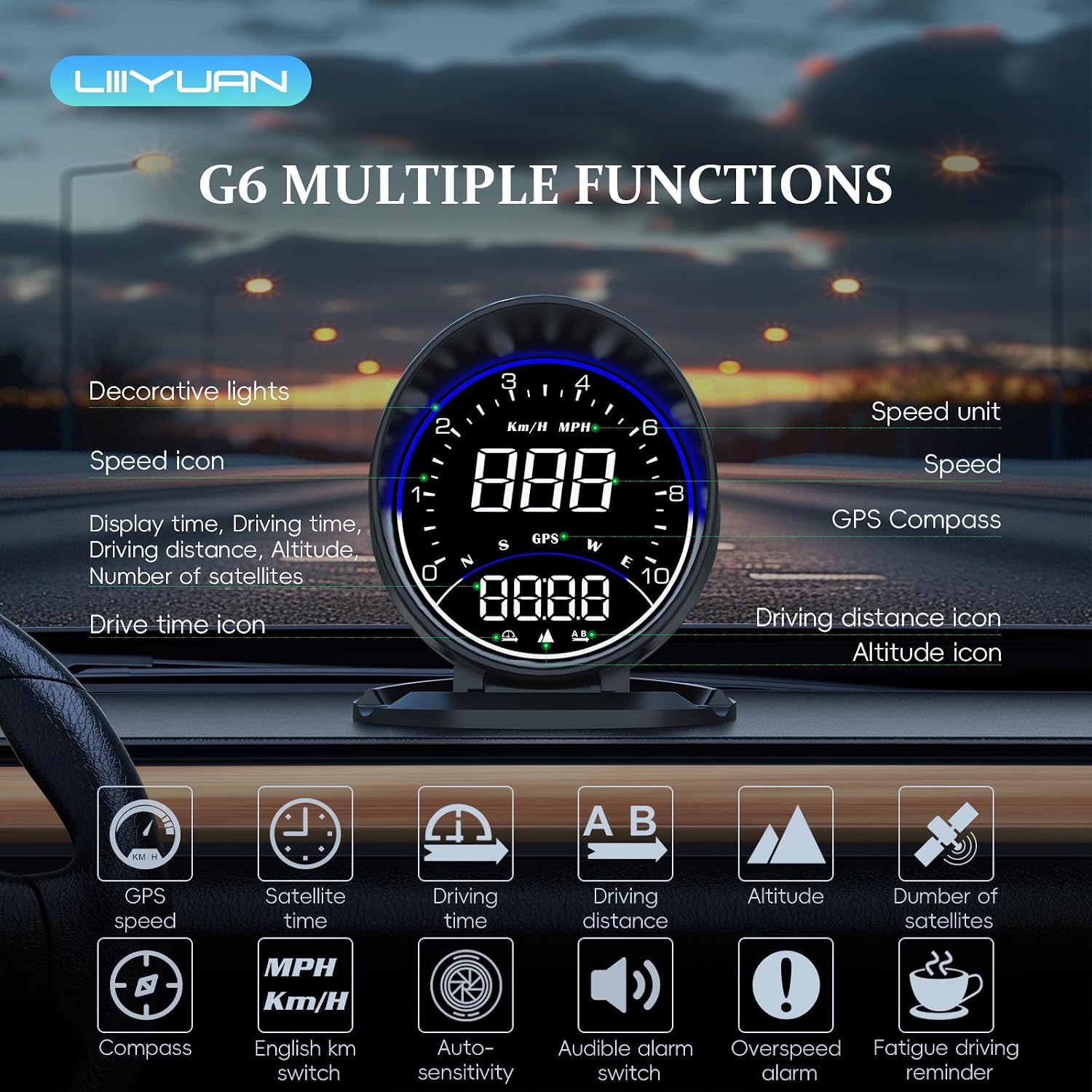 Liiiyuan G6 GPS Speedometer MPH with Speed, Heads up Display, Overspeed Warning, Fatigue Driving Alarm, Display Altitude, Time, Compass, and Distance