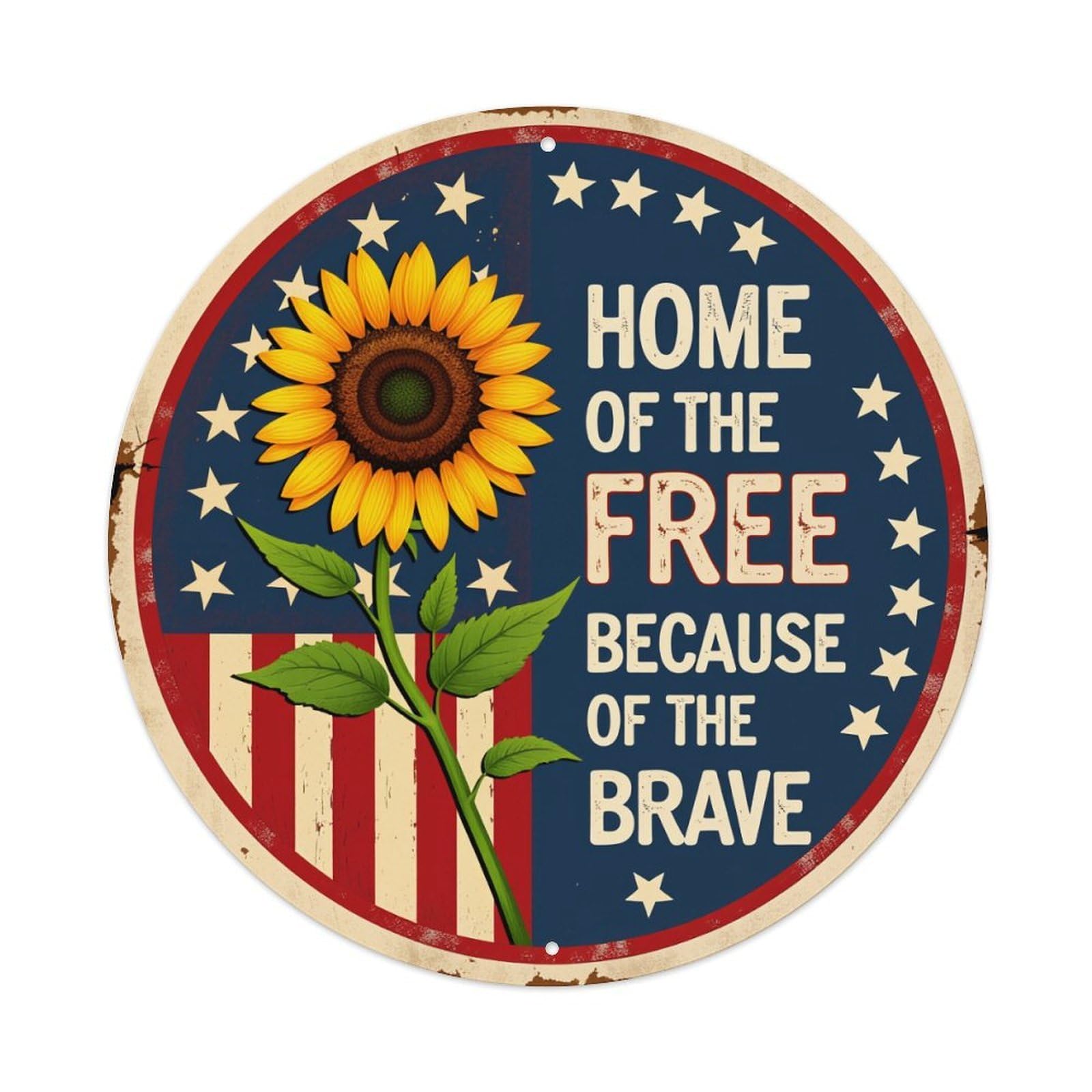 Sunflower Flag Stars Text Circle Round Tin Sign Retro Metal Sign for Cafe Bar Pub Home Game Room Gym Club Wall Decoration Vintage Metal Poster 8x8 Inch