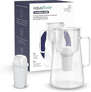 Aquafloow Glas Wasserfilter-Kanne 3L, Borosilikatglas, BPA-frei, Premium Design, spülmaschinenfest, inkl. Filterkartusche – für Trinkwasser, reduziert Kalk und Chlor, weiß