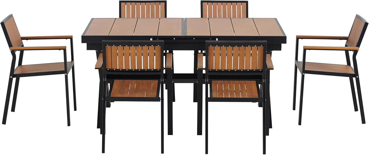Outdoor Dining Set with Extendable Table (62.9 to 82.6 Inches) and 6 Flexible Chairs | Weather-Resistant Plastic Wood & Iron Furniture