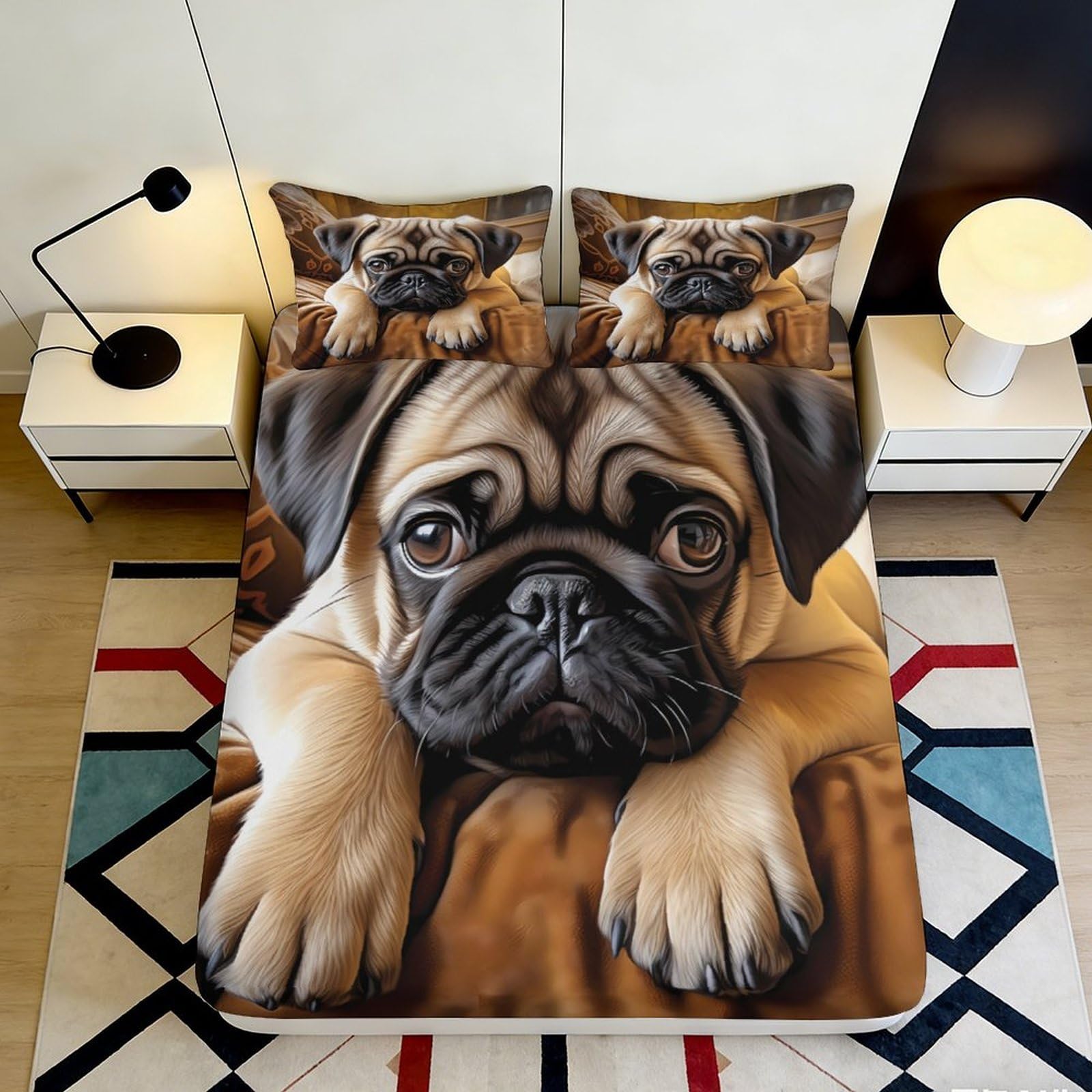 3D Printed Pug Dog Fitted Sheet Microfiber Soft Brown Puppy Mattress Cover for Bedroom Guest Room Mattress Decor 200x200x25cm