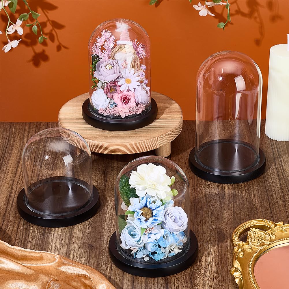 PH PandaHall 4 pièces Cloche en Verre Dôme avec Base en Bois, 4 Tailles Vitrine en Verre Clair Ronde Dôme de Présentation Décoratif Cloche pour Plantes Guirlandes Lumineuses Photos Succulentes