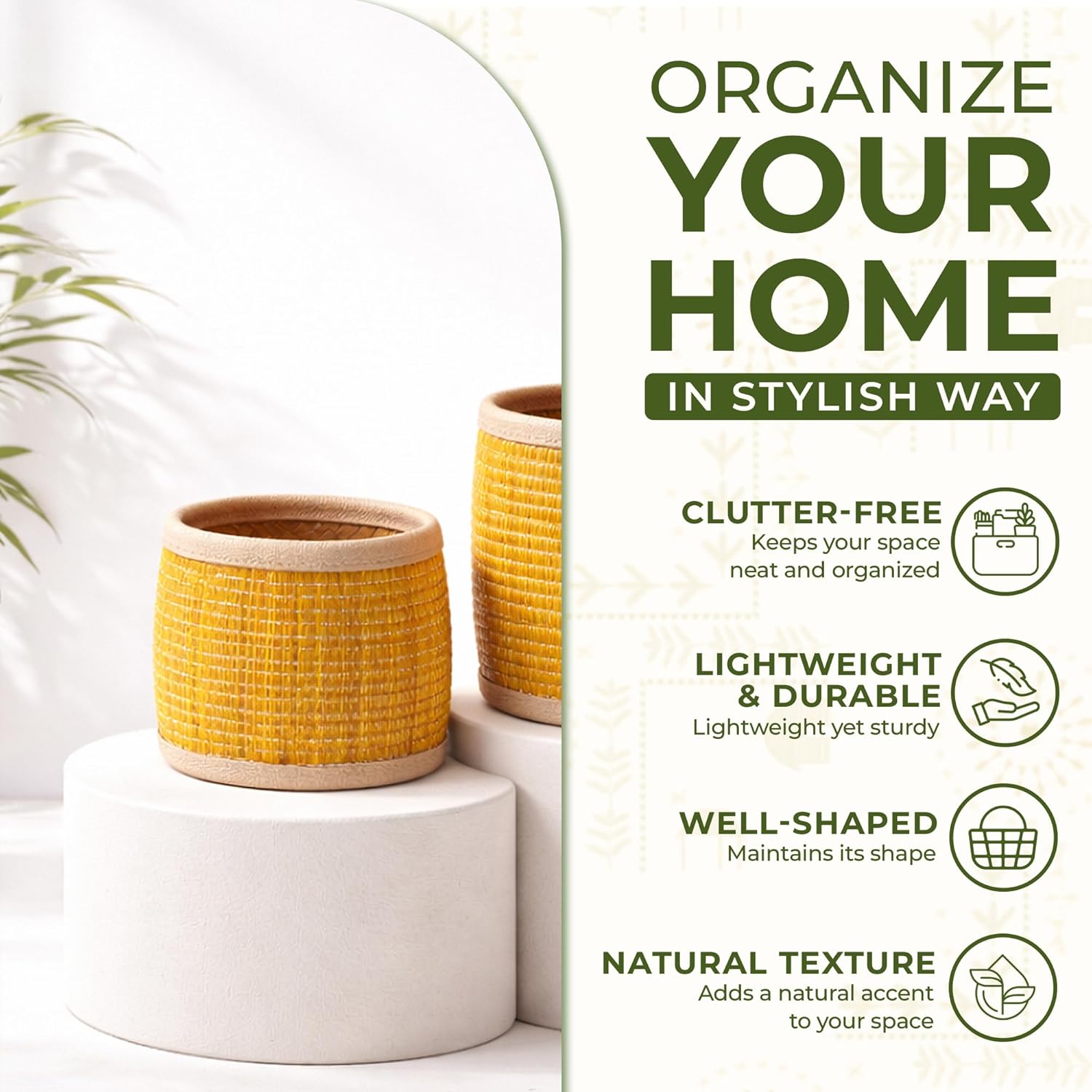 Woven Storage Baskets Set 3, Color Block Design, Small Round Basket Organizers for Desk & Shelves, Utensil Holder for Chopsticks & Spoons, Pen Holder & Makeup Organizer for Vanity, Decorative Basket