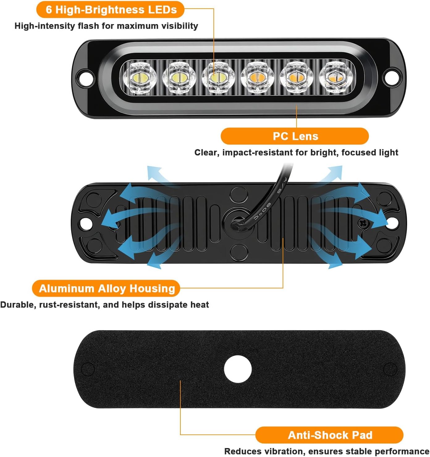 EEEKit 10 PCS LED Emergency Strobe Lights, 6 LED Amber White Strobe Warning Emergency Flashing Lights Surface Mount Caution Construction Hazard Light Bar for Car Truck Van Off-road Vehicle ATV SUV