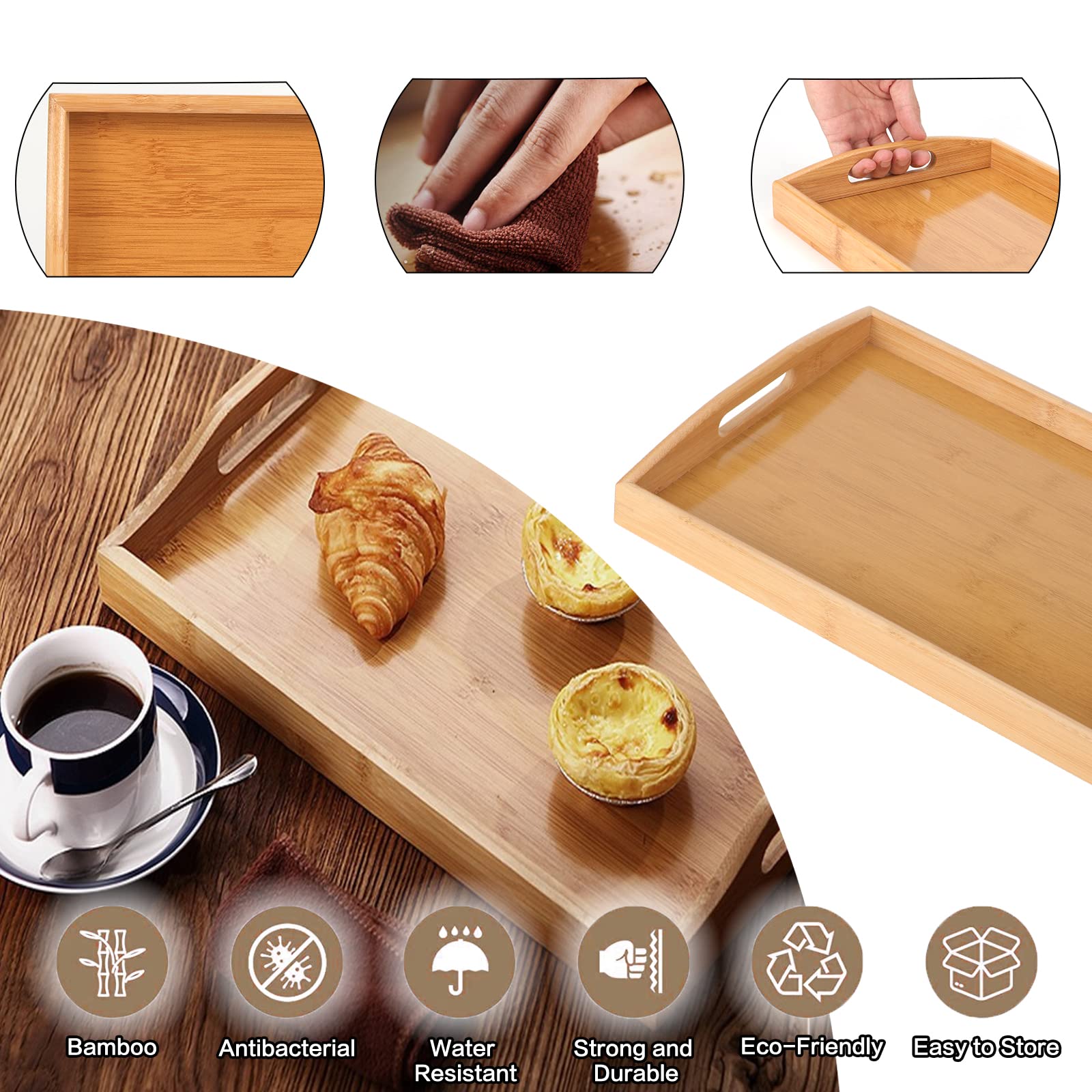 3pcs Grand Plateaux de Service en Bambou, Plateau Repas Rectangle avec Poignées, Plateau Petit-Déjeuner Service pour Vaisselle, Boissons, Réception de Fête