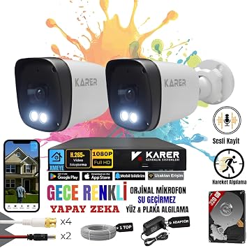 EX TCAM 2 Kameral  B121-2W Full HD Sesli AHD G venlik Seti   4 Kanal DVR, 320 GB HDD, Renkli Gece G r , IP66