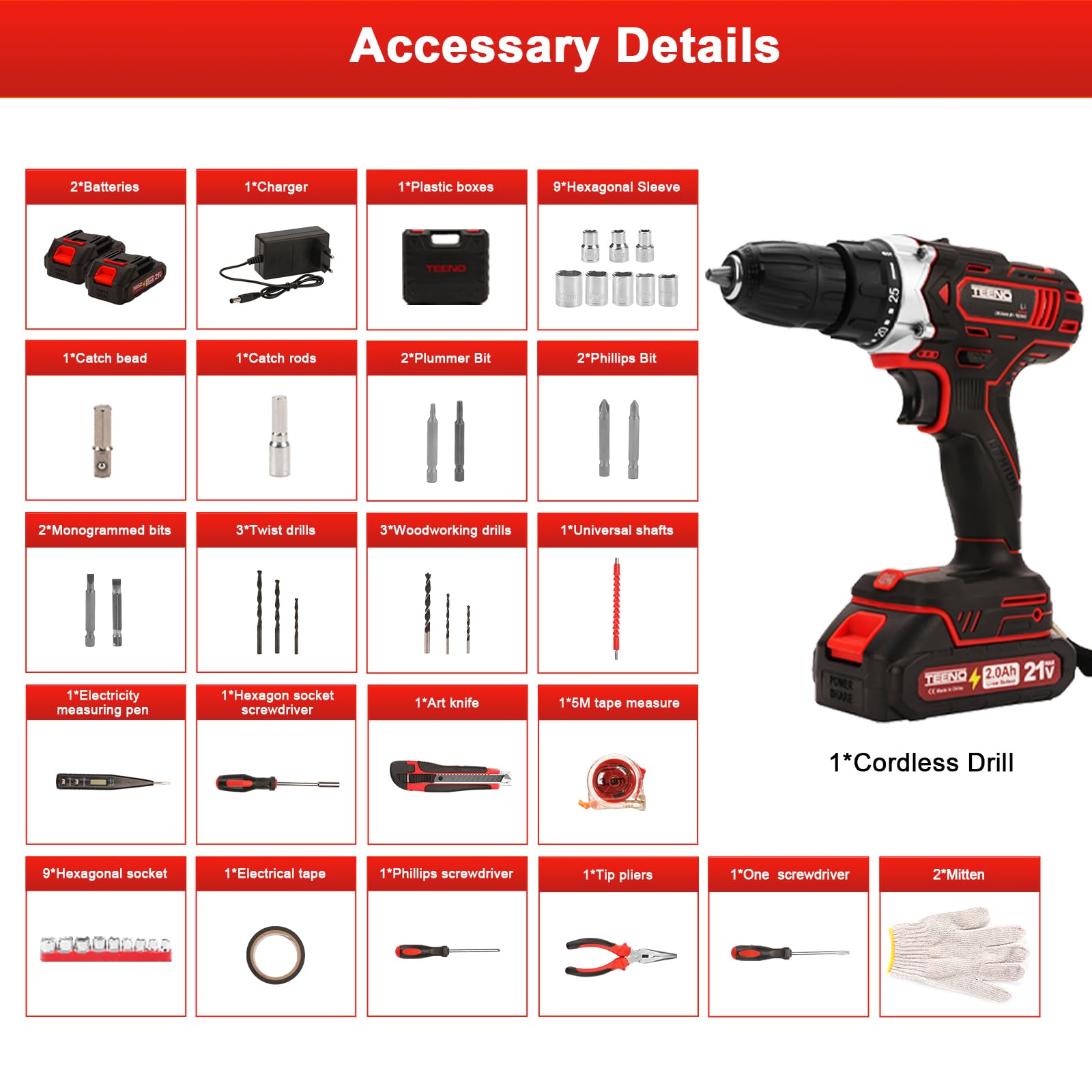 TEENO Perceuse Visseuse Sans Fil 21V,45 Nm Visseuse Devisseuse Sans Fil avec 2 Batteries 2.0Ah,25+1 Réglages de Couple,2 Vitesses,LED,46 Accessoires et Valise,Pour la menuiserie