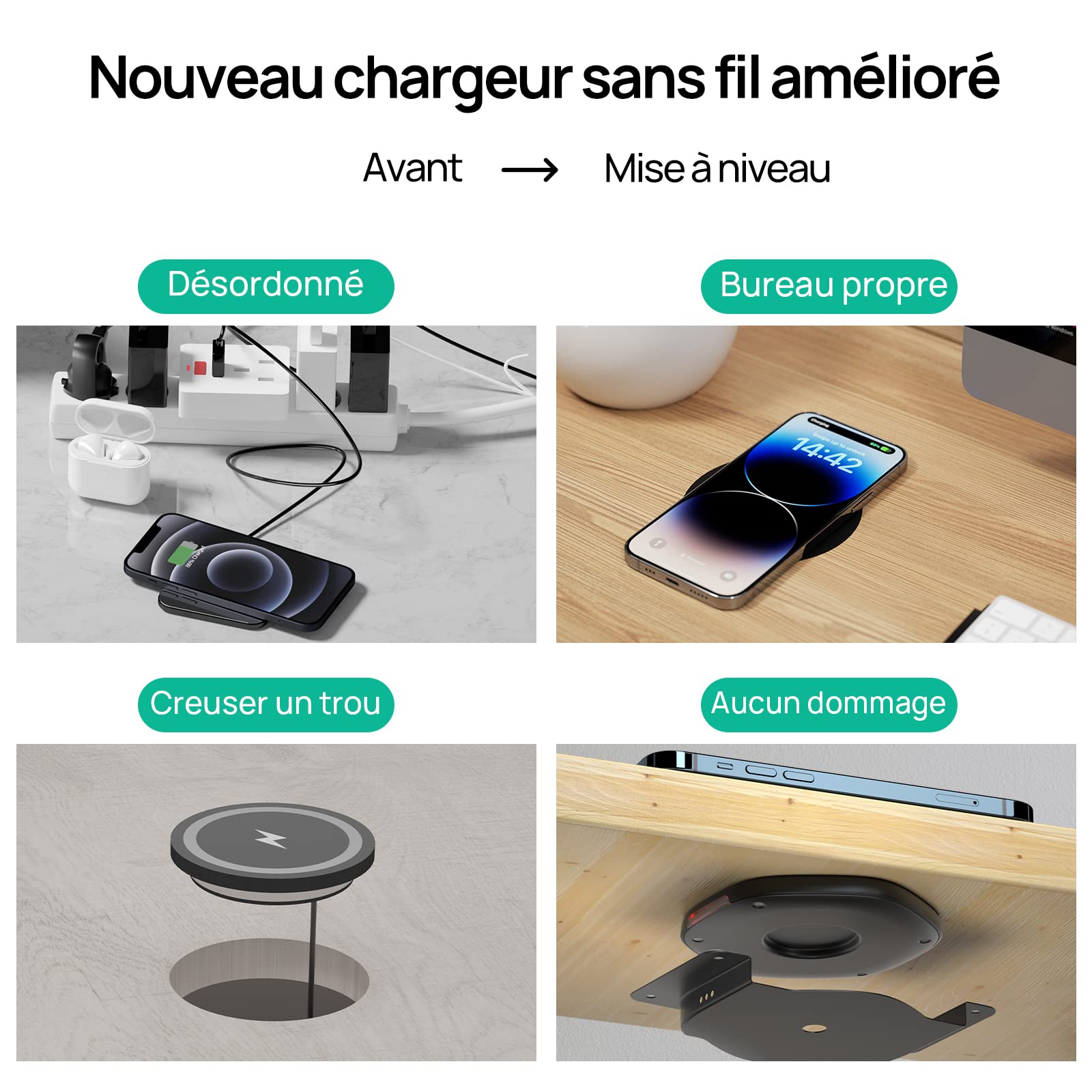 KPON Chargeur sans Fil Invisible, 30mm caché sous la Table, Chargeur inductif pour iPhone 16/15/14/13/12/11/Pro/Mini/Max/Xs, Samsung S24/S23/S22/S21/S20/S10/S9/S8