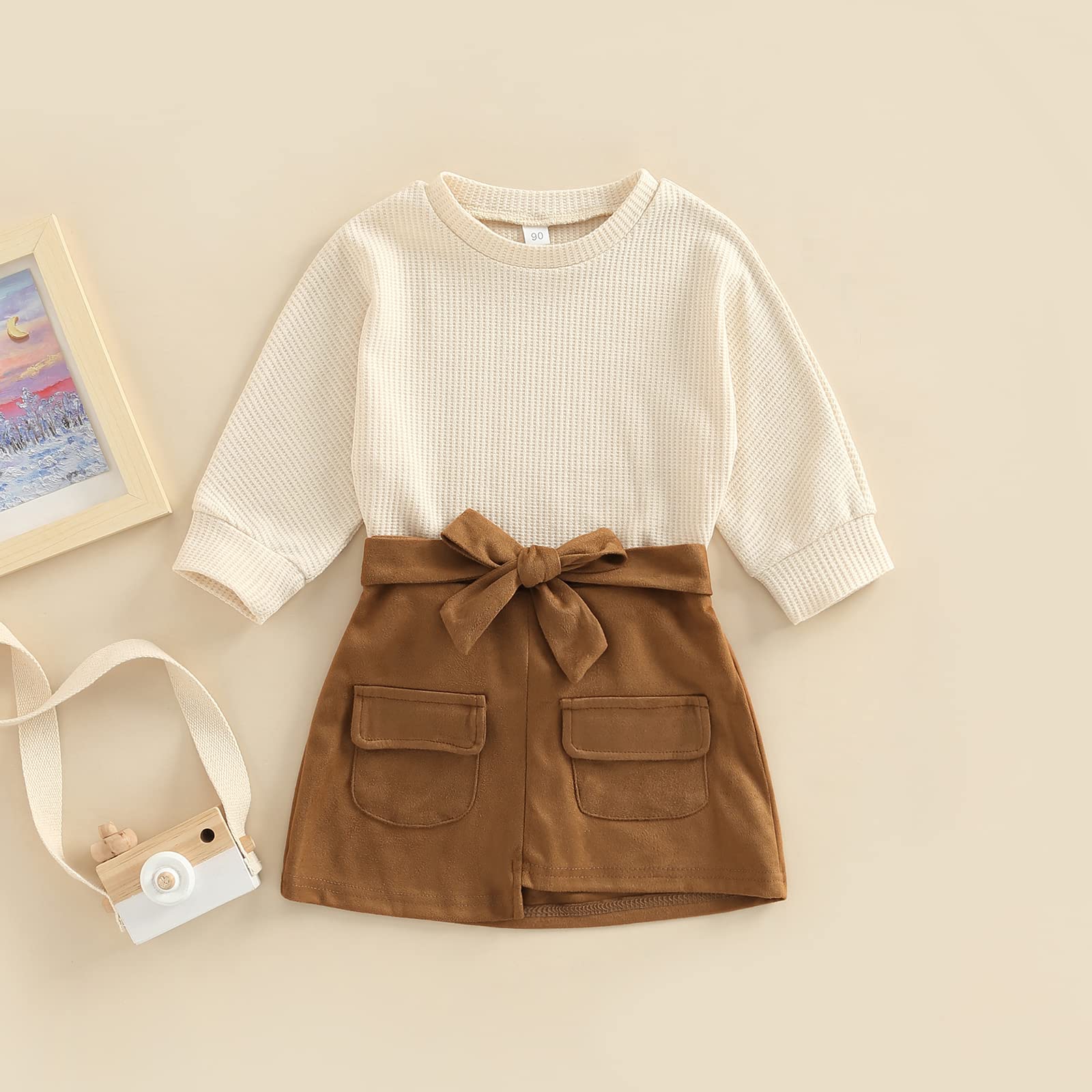 Set di 2 vestiti da bambina per autunno e inverno, a maniche lunghe, con pompon, maglia a maglia, maglione, gonna con bottoni, 2 pezzi